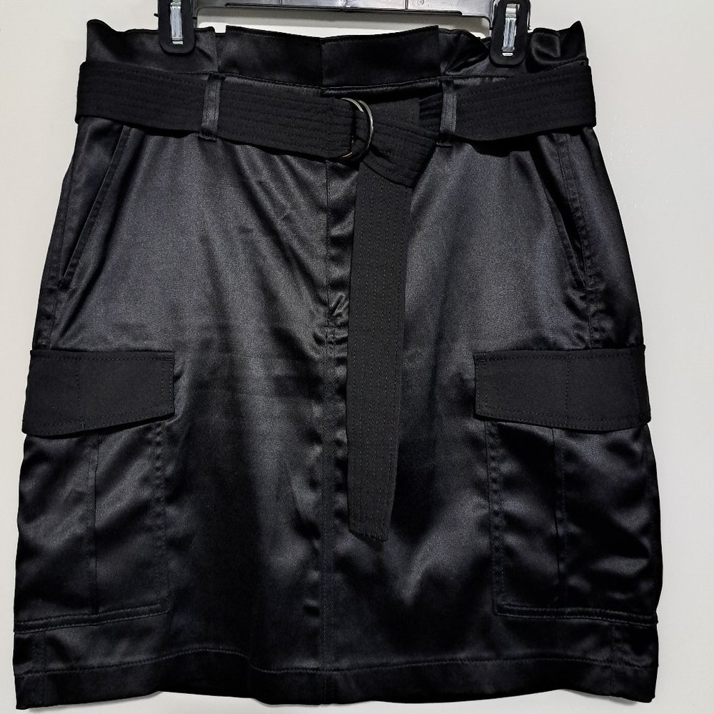 White House Black Market Black Satin Cargo Mini Skirt with Belt